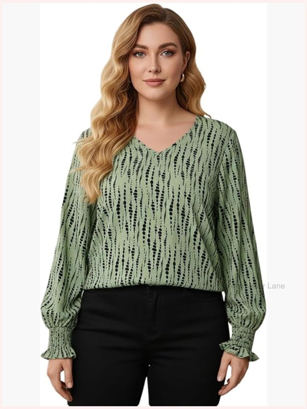 Plus Size Lantern Sleeve Blouse V Neck Print Office Top